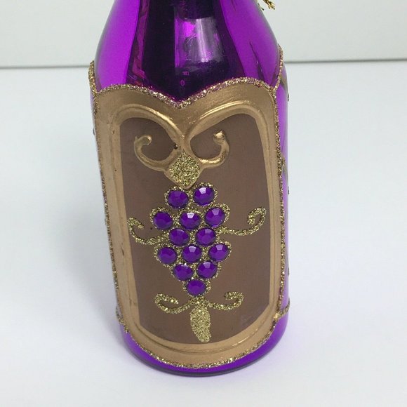Wine Bottle Christmas Holiday Glass Ornament With Stones Purple Gold Glitter 6" - Picture 5 of 12